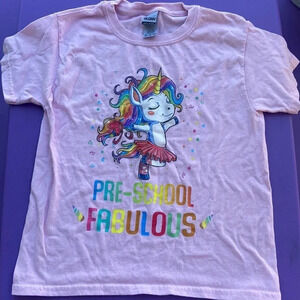 Pre-school fabulous, pink tee size XS, dancing unicorn rainbow
